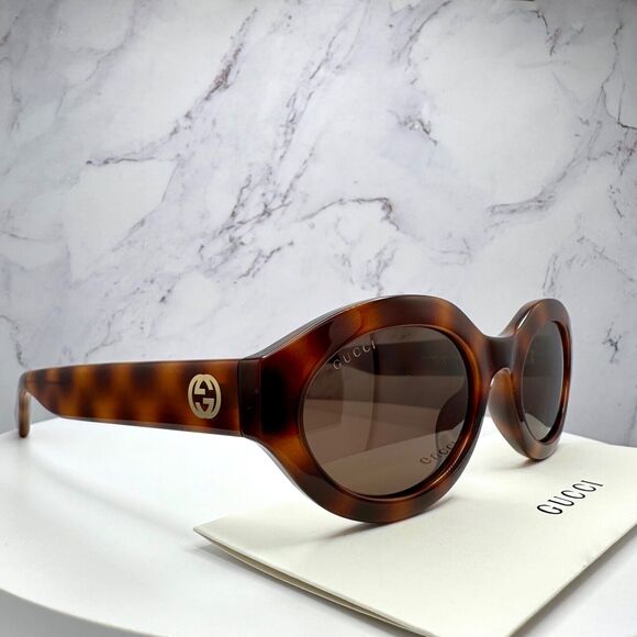 New GUCCI Sunglasses Brown Tortoise Shell Oval Gold GG Logo Womens